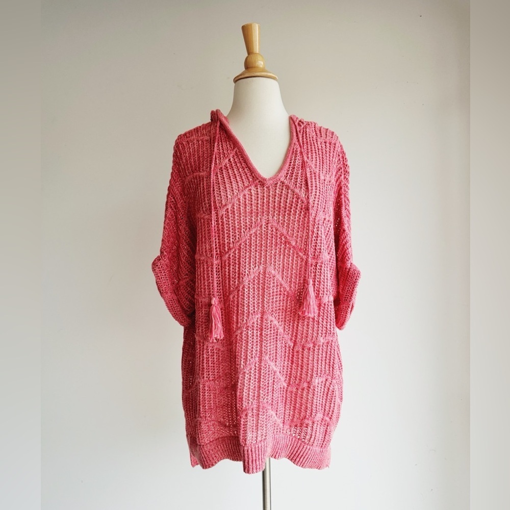 NATURAL REFLECTIONS Pink Open-Knit Hooded Sweater | Oversized Cotton Pullover